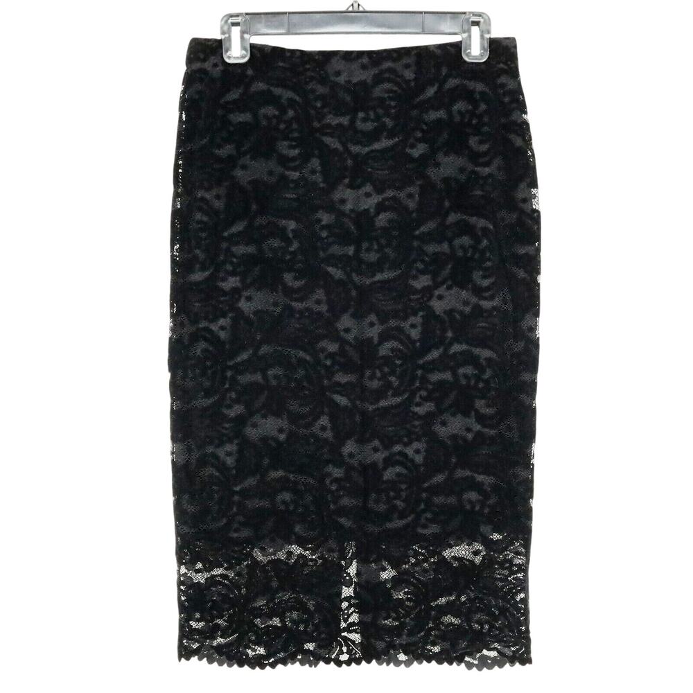 Chicos Skirt 0 Womens 4 Black Lace Lined Pencil Midi Length Zipper Back Slit